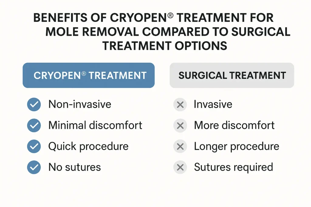 Table to show the benefits of getting moles removed Amersham from LA LIPO