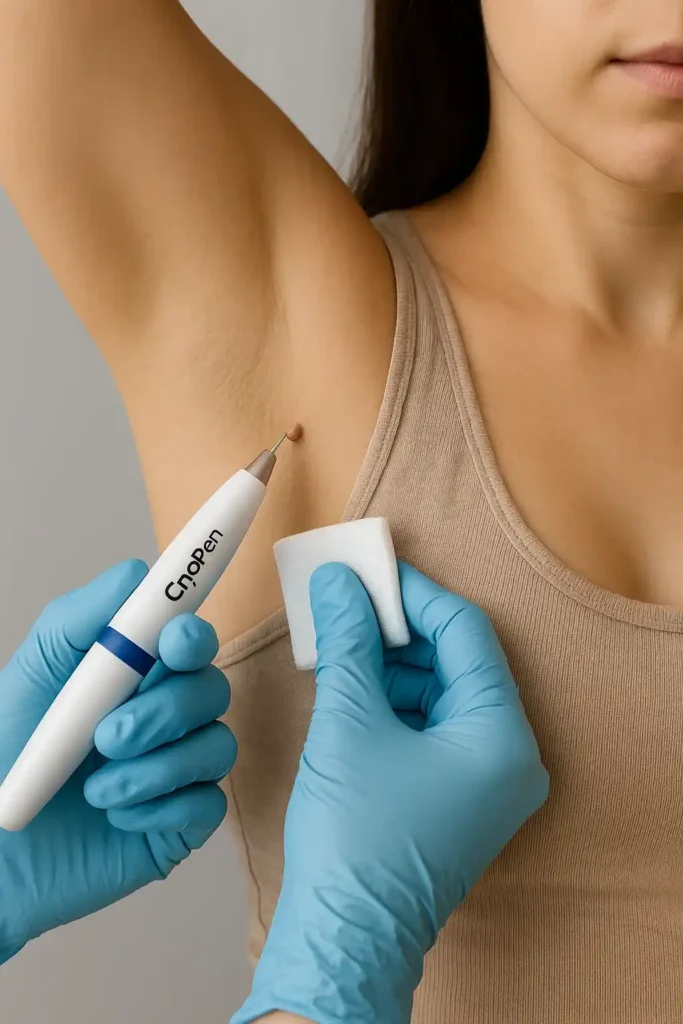 woman having cryopen to remove underarm skin tags Amersham