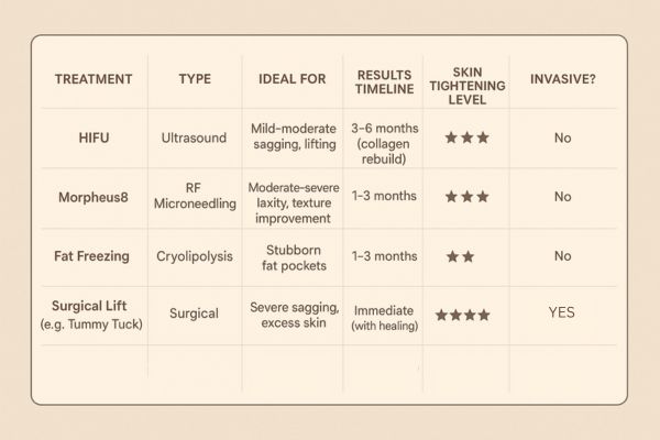 Table showing the comparisons of Skin tightening Amersham treatment options.